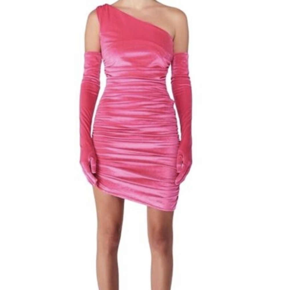 Miscreants Dress Ruched Velvet One Shoulder with Gloves Pink Size 10 NWOT